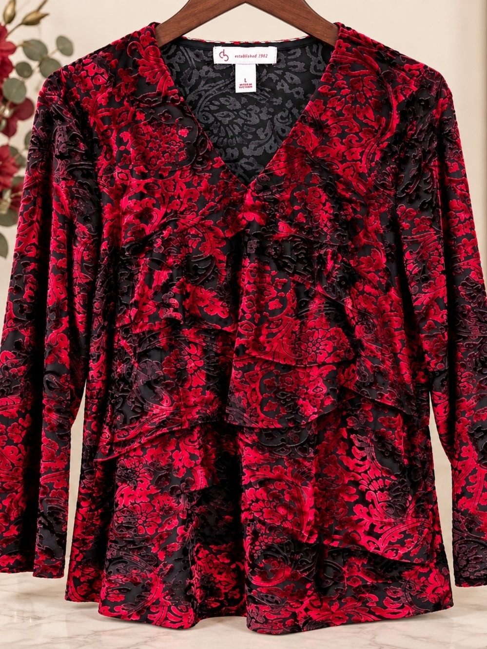 Red Black Burnout Velvet Ruffle Top Size L Gothic Romantic Baroque